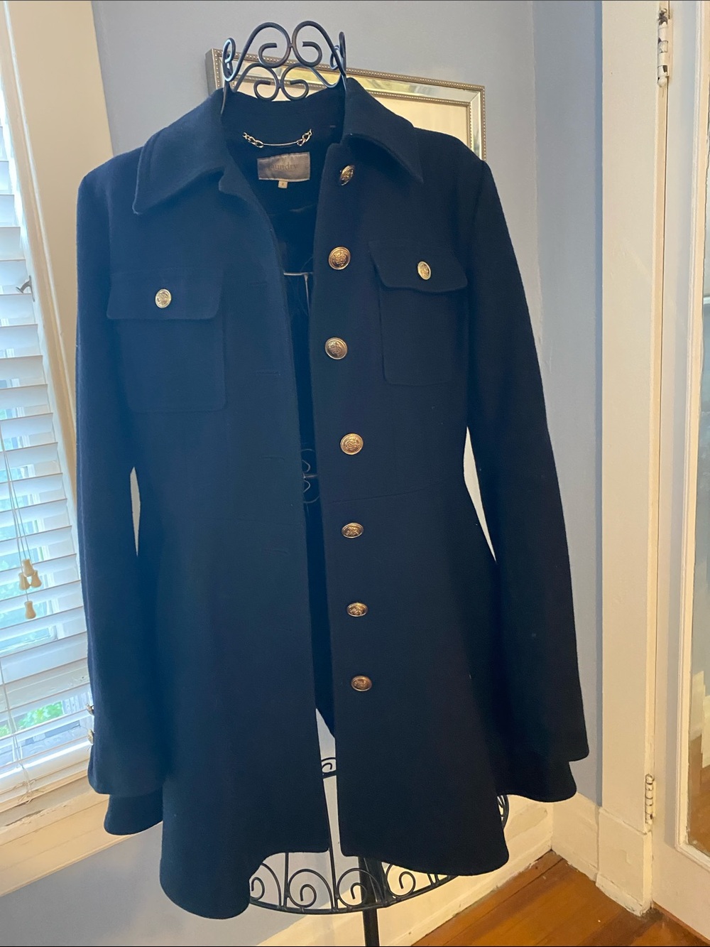 Laundry By Shelli Segal Navy Military-Style Wool Pea Coat with Gold Buttons